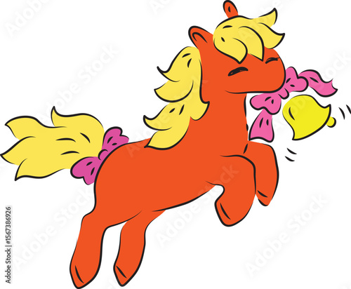 Cute happy red pony horse with yellow mane happily jumps and holds a golden bell in its mouth, contour curved lines drawn by hand with a black brush