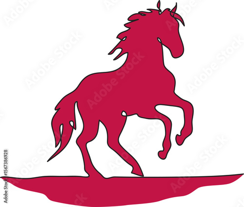 Silhouette of a horse rearing up in burgundy dark red color drawn with one line, hand drawn with a black brush