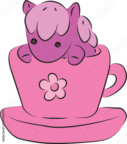Cute little purple pony sitting in a big pink cup and looking out of it, contour curved lines drawn by hand with a black brush
