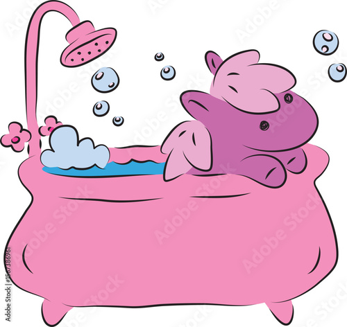 Cute little purple pony sits in a pink bathtub with water and foam and looks at the flying soap bubbles, contour curved lines drawn by hand with a black brush