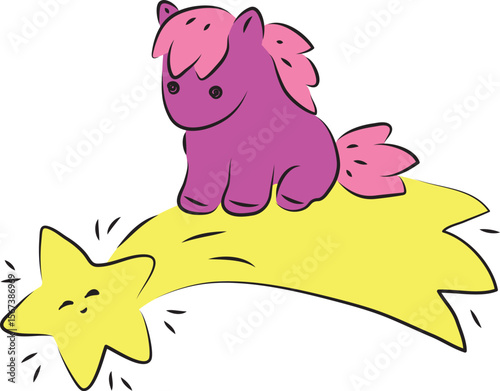 Cute little purple pony with pink mane sits on a falling yellow star comet, contour curved lines drawn by hand with a black brush