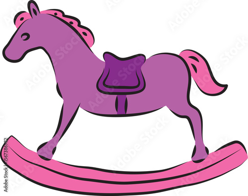 Children's toy rocking horse in pink and purple colors side view, contour curved lines drawn by hand with a black brush