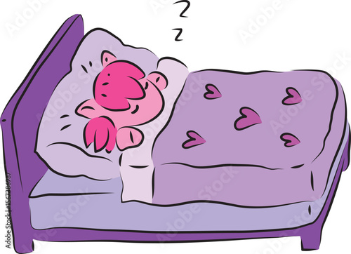 Cute little pink pony wrapped in blanket sleeps sweetly in lilac and purple bed, contour curved lines drawn by hand with a black brush