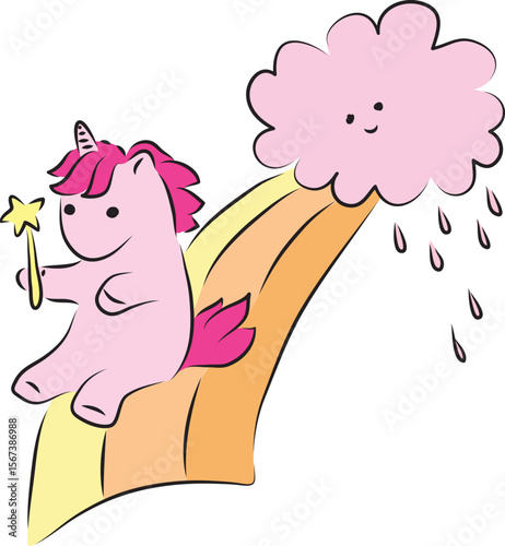 Cute little pink unicorn pony rides through a magical rainbow of orange hues and holds a golden magic wand in her hands, contour curved lines drawn by hand with a black brush