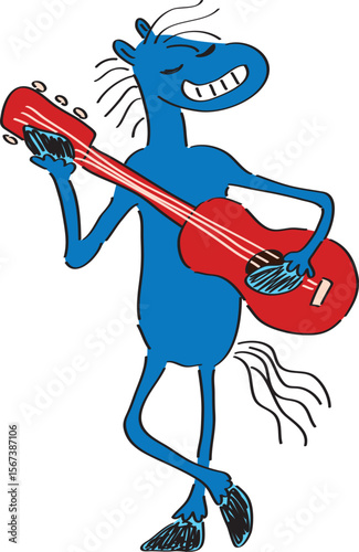 Funny blue smiling horse stands like a human and plays guitar, hand drawn with a black brush