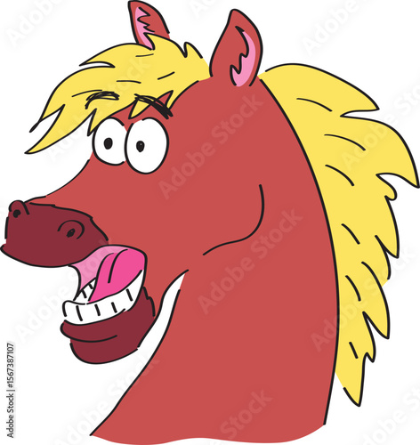 Head of a funny scared and surprised brown horse with a yellow mane and an open mouth, hand drawn with a black brush