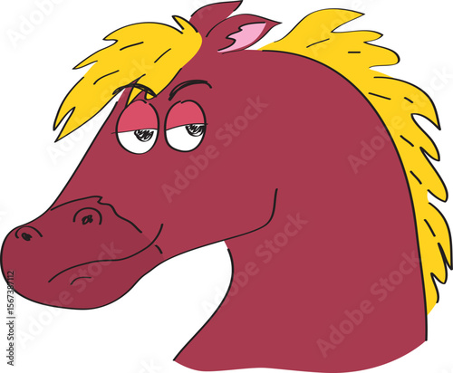 Head of funny sly grinning brown horse with yellow mane looking slyly at camera, hand drawn with a black brush