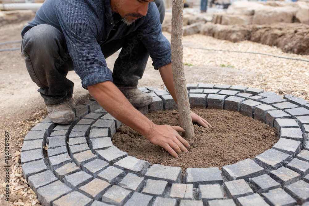 Adult man carefully planting a tree within a cobblestone circle, focusing on landscaping. Ideal for gardening and construction themes. Adult man carefully planting a tree within a cobblestone circle, focusing on landscaping. Ideal for gardening and construction themes.