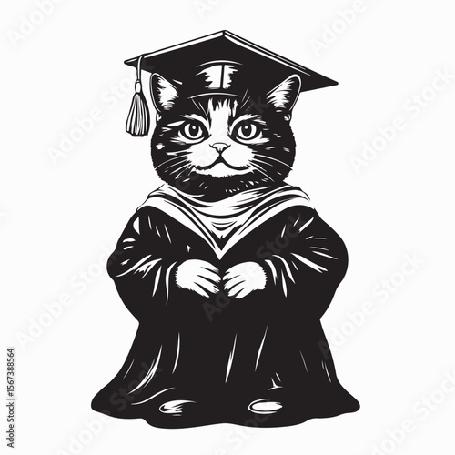 Cute Cat Wearing Graduation Gown and Cap Standing Proudly as Success Symbol Vector