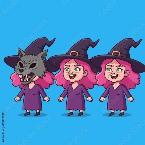 Three cartoon witches with pink hair in purple dresses and black hats pose together, one wearing a playful wolf mask, set against a solid blue background.