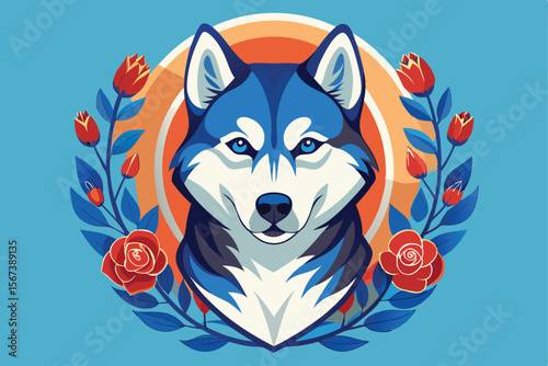 Majestic Siberian Husky Portrait with Floral Wreath
