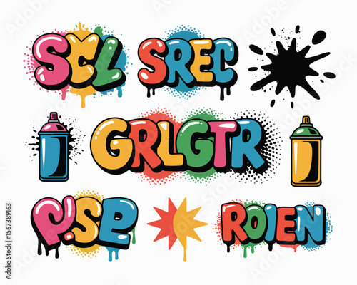 Illustration of graffiti style text with spray paint cans and splatters on a white background