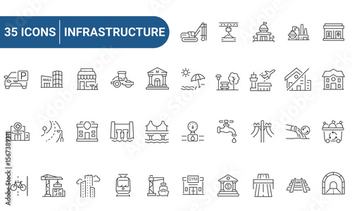 Infrastructure icon set in line or outline style. Includes bridge, building, railway, road, and more. Outline icons collection. Editable stroke. Vector illustration