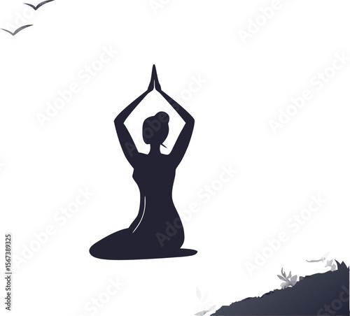 Yoga Practitioner Meditating on Beach at Sunrise Silhouette Vector