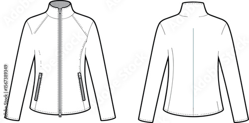 Women's zip-up jacket fashion cad, front and back view, technical flat sketch, apparel design vector, clothing template, outerwear illustration flat vector illustration