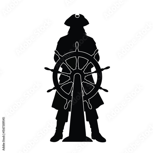 Black silhouette of pirate at ship's wheel helm steering