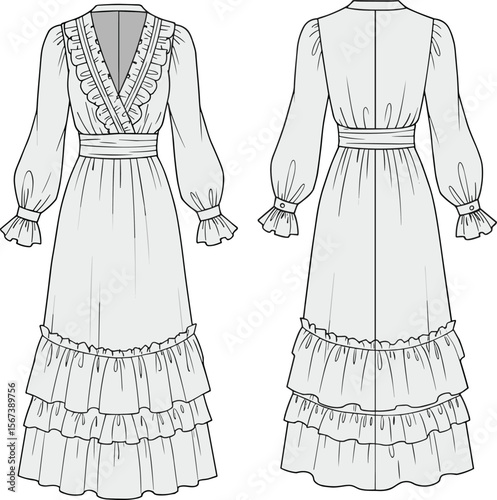 dress, maxi, ruffle, sleeve, fashion, women, apparel, cad, vector, template, flat, drawing, design, sketch, 

