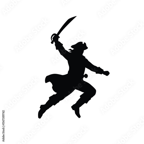 Black silhouette of a pirate jumping with sword action