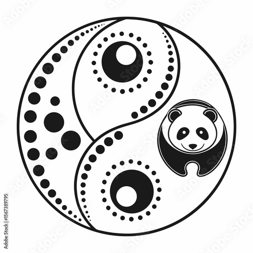Stylized yin yang symbol featuring a cute panda and abstract dot patterns