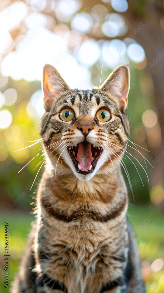 Obraz premium Surprised brown tabby cat staring with big eyes and open mouth outdoors in sunlight