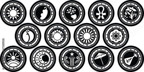 Vector art of set of fourteen circular patterns featuring various symbols, including sun, flower, and ankh, in black and white.