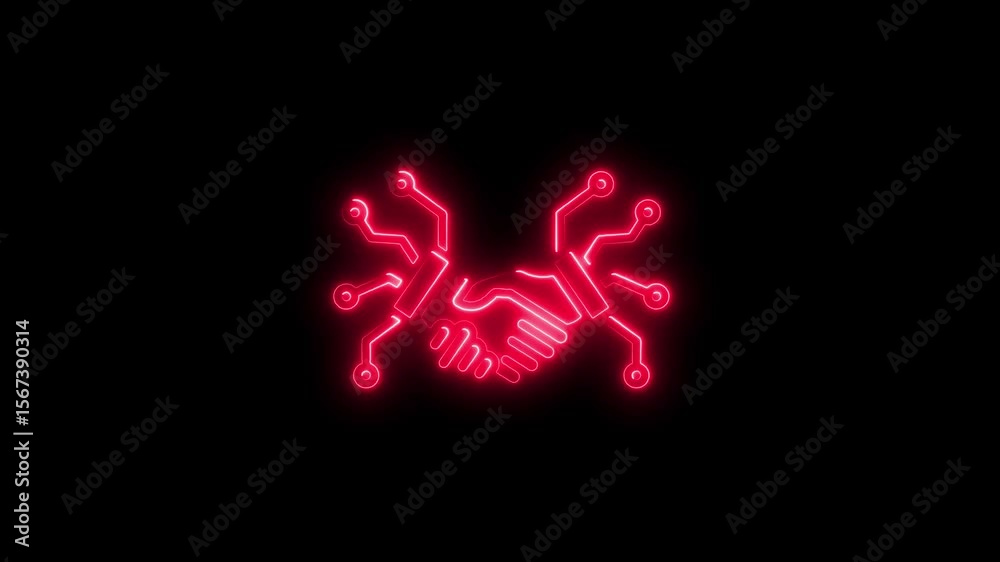 Glowing red neon handshake with digital circuitry on black background Glowing red neon handshake with digital circuitry on black background