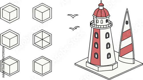 Vector art of a charming lighthouse scene with geometric cubes and seabirds, isolated on white background.