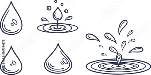 Vector art of a set of simple water drop illustrations, isolated on white background.