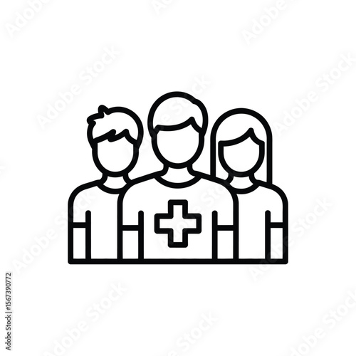 Three people with a cross symbol on the middle person s shirt representing healthcare or charity