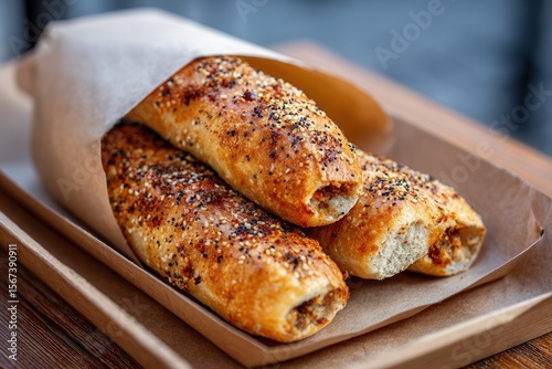 Wallpaper Mural Freshly baked everything seasoned breadsticks in brown paper bag on wooden board. Torontodigital.ca