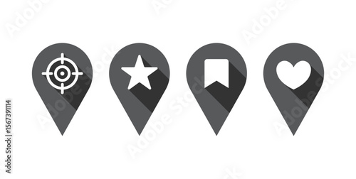 GPS location pin icons with target, star, bookmark, and heart symbol
