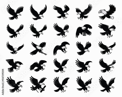 Eagle Vector Illustration Set, Black and White Silhouettes. Collection of 40 Different Eagle Poses, Perfect for Logos, Designs, and More.