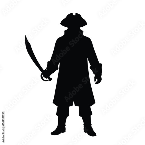 Black silhouette of a pirate captain with sword on white background