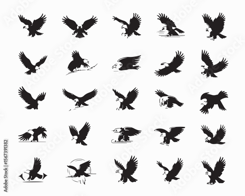 Eagle Vector Illustration Set, Black and White Silhouettes. Collection of 40 Different Eagle Poses, Perfect for Logos, Designs, and More.