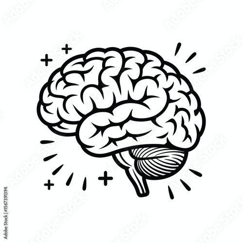 Stylized black and white illustration of a human brain with radiating lines and plus signs