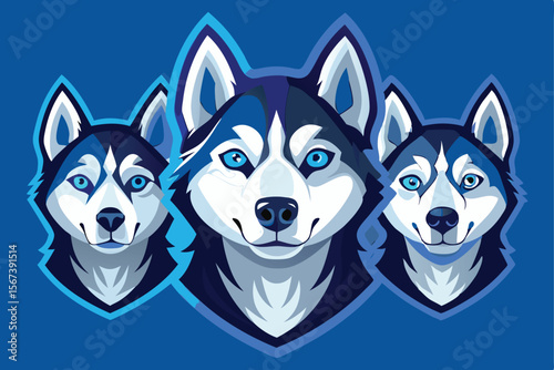 Three Majestic Husky Dog Portraits in Blue