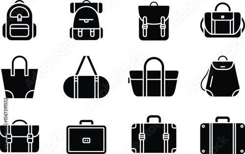 Black Silhouette Icons of Various Bags Backpacks Suitcases