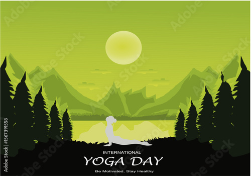 International yoga day vector illustration June 21. Woman doing yoga pose.