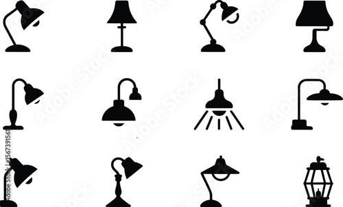 Twelve Black Silhouette Lamp Icons Set lamps light