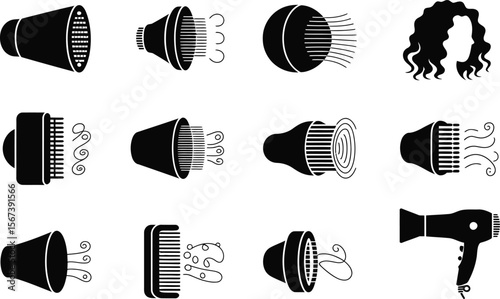 Hair Dryer Attachments Icons Black Silhouettes Curly Hair