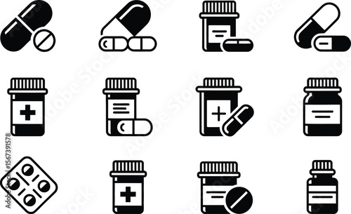 Black and White Medical Pill Bottle and Capsule Icons