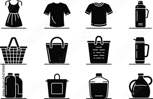 Black Silhouette Icons of Clothing Containers and Bottles