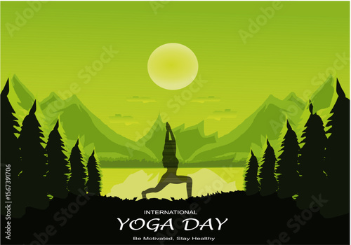 International yoga day vector illustration June 21. Woman doing yoga pose.