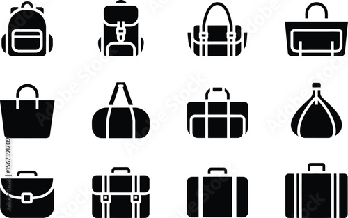 Black Silhouette Icons Various Bags Backpacks Suitcases
