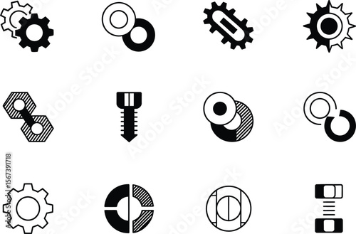 Black and White Gear Icons Mechanical Parts Set wheel