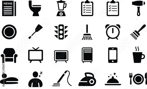 Black Glyph Icons Daily Life Objects Set white