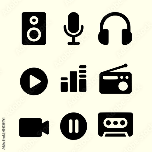 Audio and Video Icons Speaker, Microphone, Headphones, Play Button, Equalizer, Radio, Camera, Pause, Cassette Tape