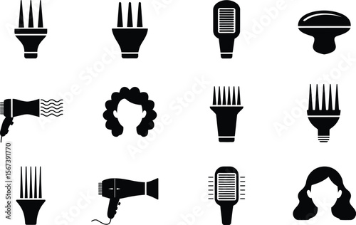 Black Hair Styling Tools Icons Set Hairdryer Brush Comb
