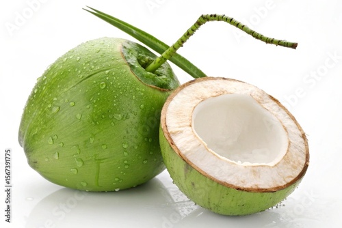 Fresh green coconut halved showing white flesh and water droplets isolated on white background