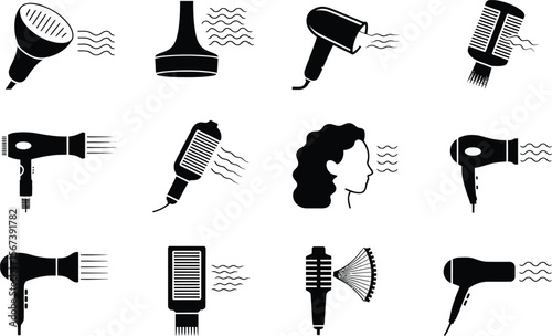 Black and White Hair Styling Tools Icons Set hair dryer